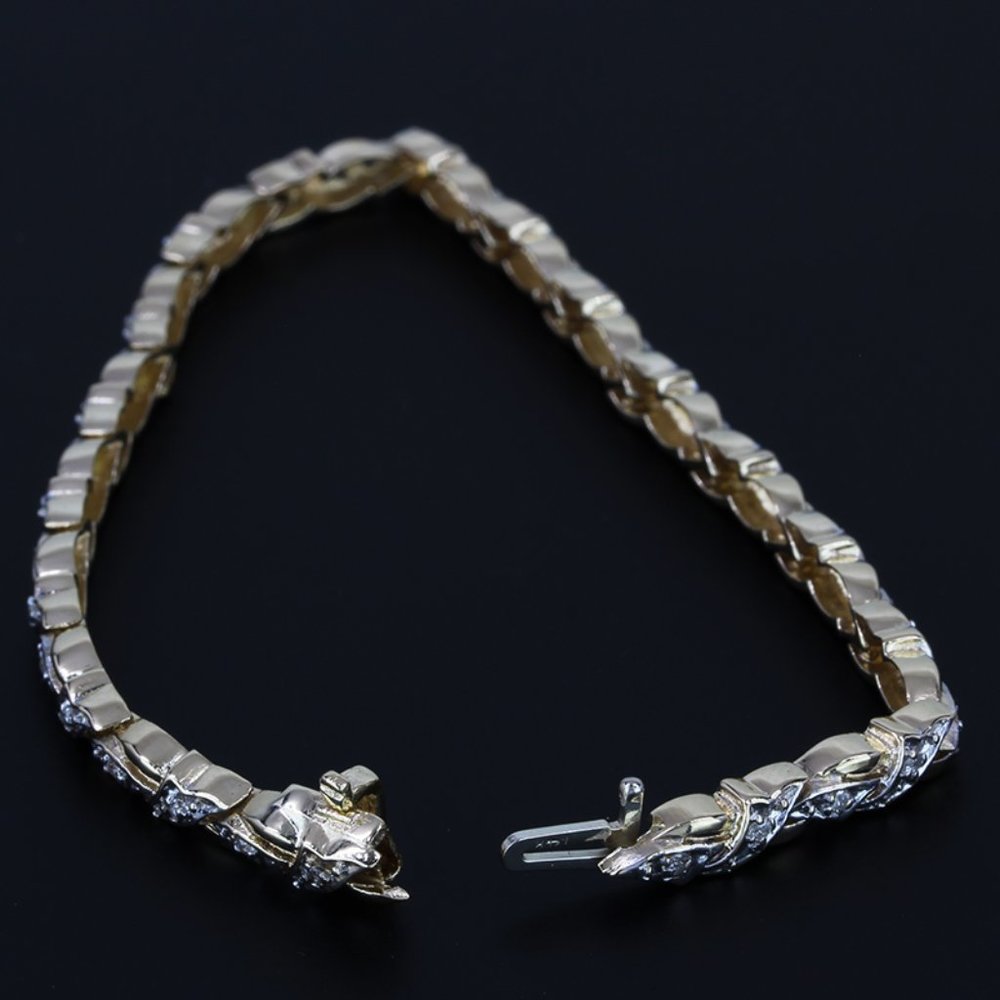 14k Two-Tone Gold Diamond Fancy Crossover Link Bracelet - Picture 4 of 7